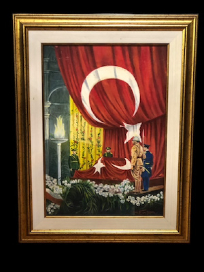 ULU ÖNDER ATATÜRK ÜN NAŞI ETRAFINI RESİM EDEN TUVAL ÜZERİ YAĞLI BOYA TABLO 34*49 PASPARTU HARİÇ ALTHAN ENSON