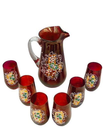 ESKİ CAM ÜZERİ TAŞLI ALTIN DORELİ SÜRAHİSİ VE 6 ADET BARDAKTAN OLUŞAN ŞERBETLİK TAKIMI ATIKSIZ