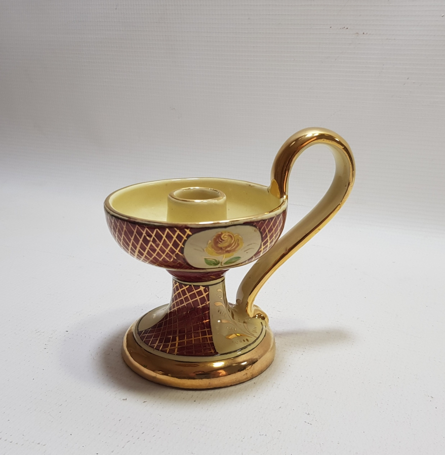 ÜZERİ EL BOYAMA VE ALTIN VARAKLI SANATÇI İMZALI ANTİKA PORSELEN EL MUMLUĞU