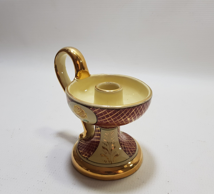 ÜZERİ EL BOYAMA VE ALTIN VARAKLI SANATÇI İMZALI ANTİKA PORSELEN EL MUMLUĞU