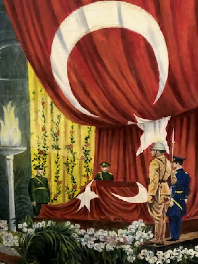 ULU ÖNDER ATATÜRK ÜN NAŞI ETRAFINI RESİM EDEN TUVAL ÜZERİ YAĞLI BOYA TABLO 34*49 PASPARTU HARİÇ ALTHAN ENSON