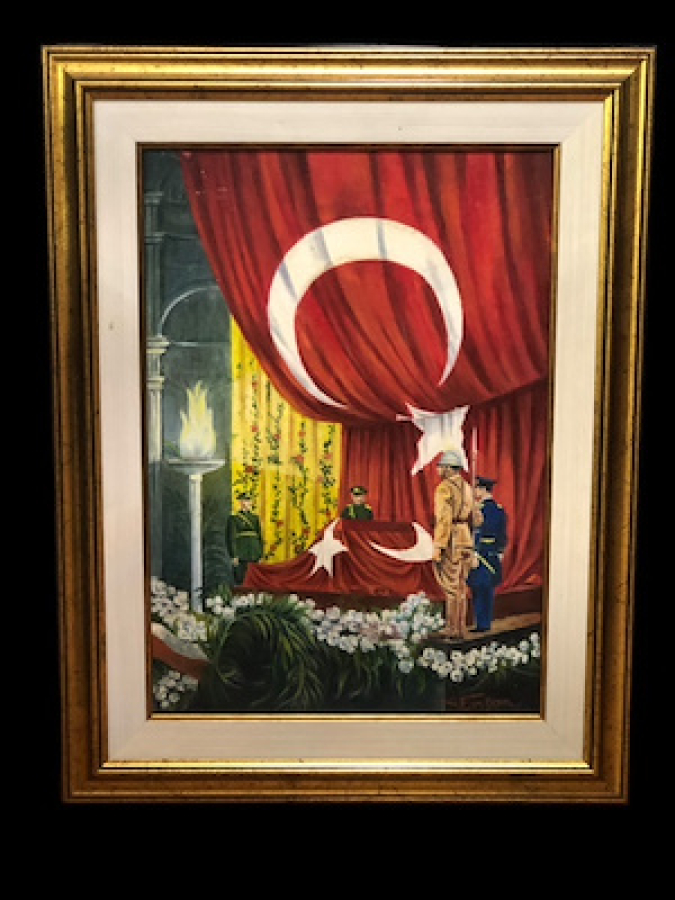 ULU ÖNDER ATATÜRK ÜN NAŞI ETRAFINI RESİM EDEN TUVAL ÜZERİ YAĞLI BOYA TABLO 34*49 PASPARTU HARİÇ ALTHAN ENSON