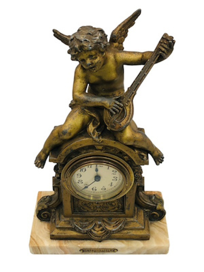 19 YY FRANSIZ TUTYADAN MAMÜL MELEKLİ ONİKS MERMER KAİDELİ SÖMİNE SAATİ TAKIMI SANATÇI İSİMLİ