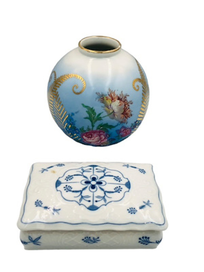 ECT KOBALT SHUMANN EL BOYAMA VAZO VE KAPAKLI PORSELEN MÜCEVHER KUTUSU LOTU KUSURSUZ