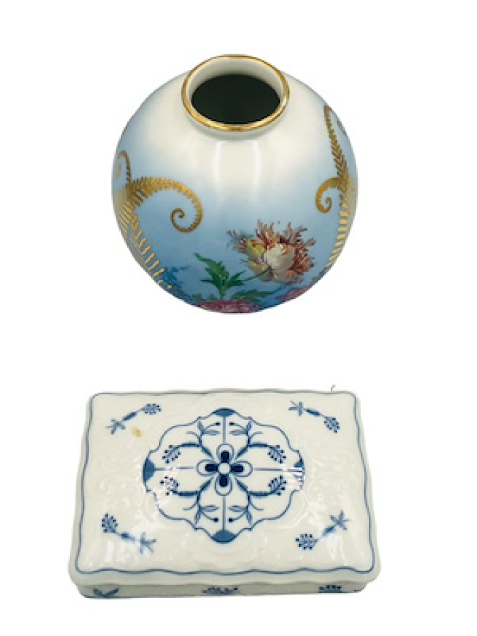 ECT KOBALT SHUMANN EL BOYAMA VAZO VE KAPAKLI PORSELEN MÜCEVHER KUTUSU LOTU KUSURSUZ