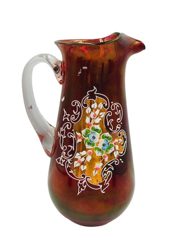 ESKİ CAM ÜZERİ TAŞLI ALTIN DORELİ SÜRAHİSİ VE 6 ADET BARDAKTAN OLUŞAN ŞERBETLİK TAKIMI ATIKSIZ