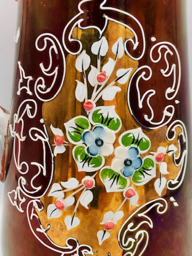 ESKİ CAM ÜZERİ TAŞLI ALTIN DORELİ SÜRAHİSİ VE 6 ADET BARDAKTAN OLUŞAN ŞERBETLİK TAKIMI ATIKSIZ