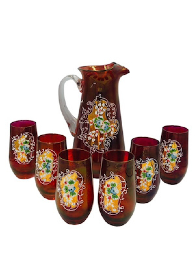 ESKİ CAM ÜZERİ TAŞLI ALTIN DORELİ SÜRAHİSİ VE 6 ADET BARDAKTAN OLUŞAN ŞERBETLİK TAKIMI ATIKSIZ